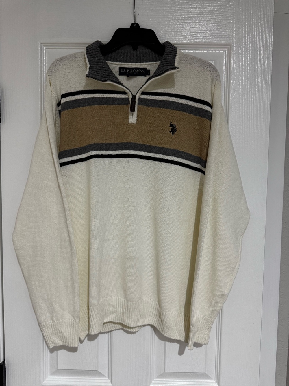 U.S. Polo Assn. Cream Half-Zip Sweater with Tan and Gray Stripes